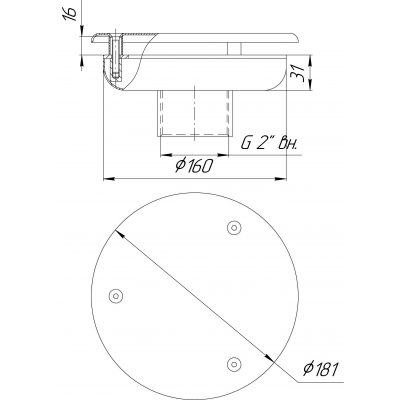 Водозабор с антивихр. крышкой Ø160х100 (внутр. 2") плитка (AISI 304) чертеж, схема Allpools