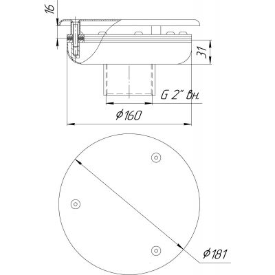 Водозабор с антивихр. крышкой Ø160х100 (внутр. 2") пленка (AISI 316) чертеж, схема Allpools