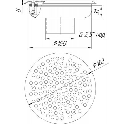 Водозабор с сетчатой крышкой Ø160х100 (наружн. 2,5") универсальный (AISI 316) чертеж, схема Allpools