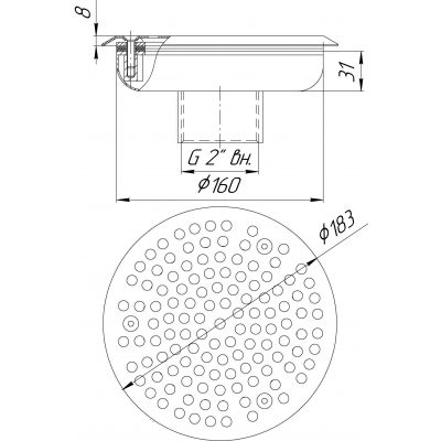Водозабор с сетчатой крышкой Ø160 (внутр. 2") универсальный (AISI 304) чертеж, схема Allpools