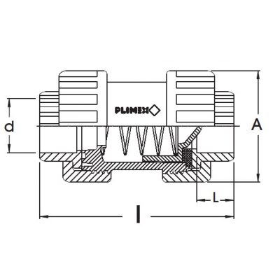 Обратный клапан ПВХ d=40, пружина, прозрачный PN16 Plimat чертеж, схема Allpools