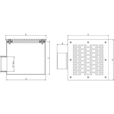 Слив донный квадратный 200х200х120 2,5" (внутр.) пленка AISI-316 чертеж, схема Allpools