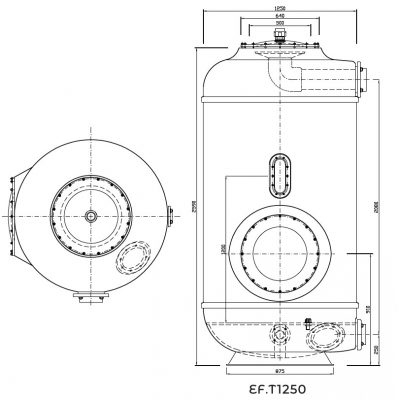 Фильтр Evo Titan, d=1250 мм, DN125, засыпка - 1500 мм, H = 2500 мм, дюзовое дно, без кл. чертеж, схема Allpools