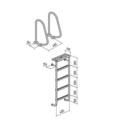 Лестница двухсоставная Evo Step Split, цельносварная, 5 ступеней, в компл. с поручнями, AISI 304 чертеж, схема Allpools