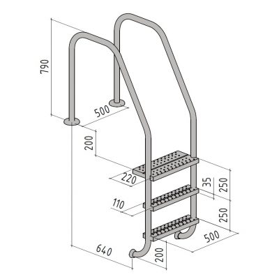 Лестница Evo Step OF, 810 мм, цельносварная, 3 ступени, нерж. ст. AISI 316L чертеж, схема Allpools