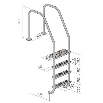 Лестница Evo Step OF, 810 мм, цельносварная, 4 ступени, нерж. ст. AISI 316L чертеж, схема Allpools