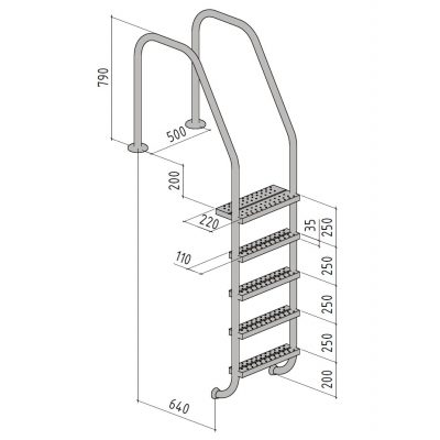Лестница Evo Step OF, 810 мм, цельносварная, 5 ступеней, нерж. ст. AISI 316L чертеж, схема Allpools
