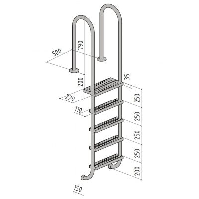 Лестница Evo Step SK, 320 мм, цельносварная, 5 ступеней, нерж. ст. AISI 316L чертеж, схема Allpools