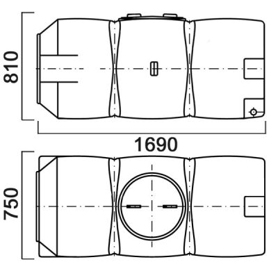 Танк 800 л горизонт. с фланцем и крышкой с клапанами, со сливом (Синий) чертеж, схема Allpools