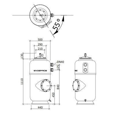 Фильтр Evo Cosmo Pro, d= 500 мм, DN40, засыпка - 600 мм, H = 870 мм, звезда, серв. окно, без кл. чертеж, схема Allpools