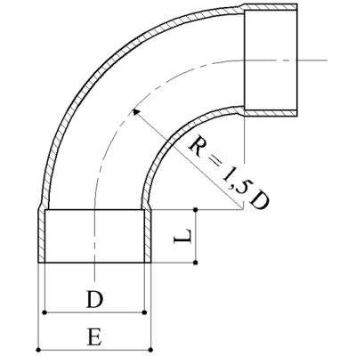 Отвод плавный 90° ПВХ d=160 PN16, RACCORDO PLAST чертеж, схема Allpools