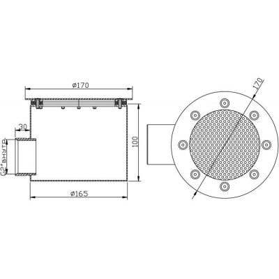 Слив донный круглый сетчатый, д.165х100 2" (внутр.)(плитка) AISI-316 чертеж, схема Allpools