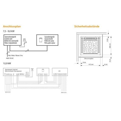 Напольная печь для сауны EOS FinnRock, 760 х 413 х 385 мм, 400 В 3N AC, 12,0 кВт чертеж, схема Allpools