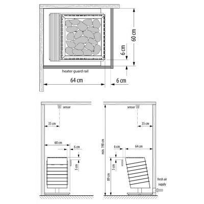 Печь для сауны EOS Future Stone Nero Impala, 890 x 600 x 640 мм, 400 В 3N AC, 10,0 кВт чертеж, схема Allpools