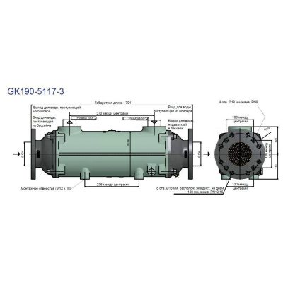 Теплообменник трубчатый 630 кВт (при t=82°С), титан, вых.: 104 мм, фланец 2" внутр. р. чертеж, схема Allpools