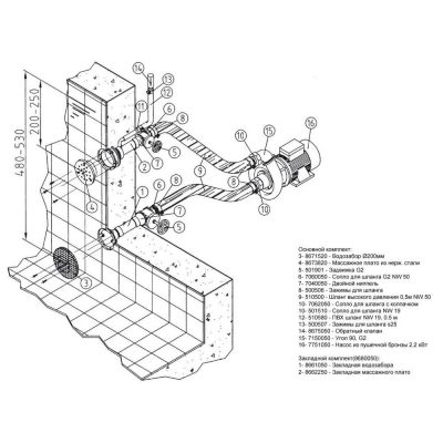 Основной компл.системы г/м "Combi-Whirl" стеновой,1 всасыв.1подающ.форс.насос-2,2 кВт д/соленой воды чертеж, схема Allpools