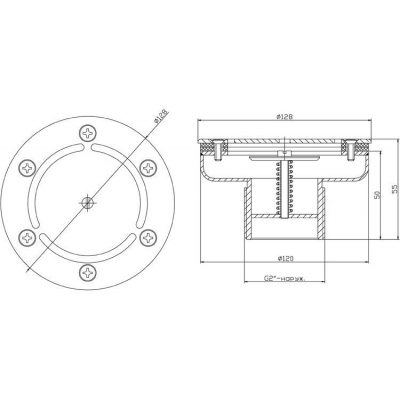 Донная форсунка регулируемая, плитка, d=120 мм, нар. резьба G2 чертеж, схема Allpools