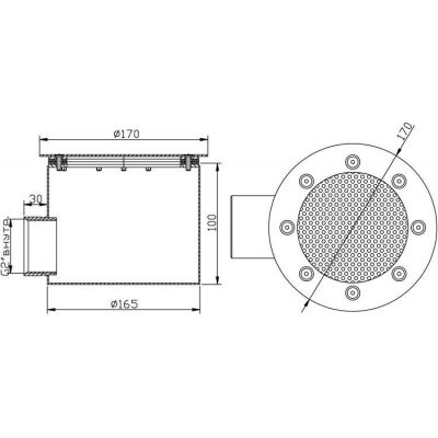 Слив донный круглый сетчатый д.165х100 2" (внутр.) плитка чертеж, схема Allpools