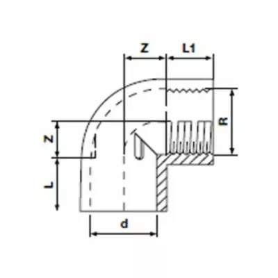 Угол 90° (внутр. р. с 1-й стор.) d=90x3", ПВХ, Pimtas чертеж, схема Allpools