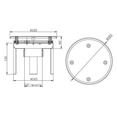 Водозабор с антивихревой крышкой, плитка, d=165 мм, вутр. резьба G2 чертеж, схема Allpools