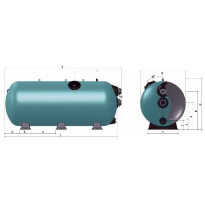 Фильтр TURBIDRON HORIZONTAL D=1000 мм, L=1500 мм, вых. 90 мм, (H засыпки - 0,6 м) чертеж, схема Allpools