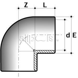 Угол 90° ПВХ d=32 PN16 COMER (200 шт/кор) чертеж, схема Allpools
