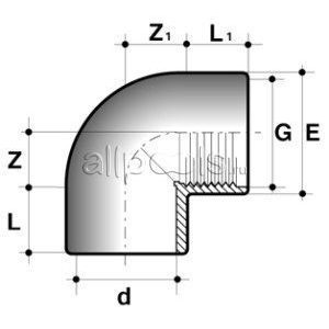 Угол 90° ПВХ d=75-2 1/2" внутр.р. PN16 COMER чертеж, схема Allpools
