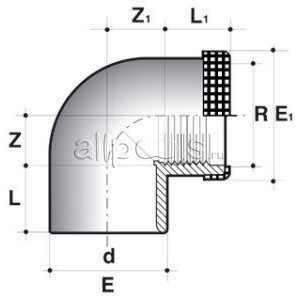 Угол 90° ПВХ d=20-1/2" внутр.р., с мет. кольцом PN16 COMER чертеж, схема Allpools