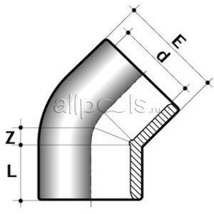 Угол 45° ПВХ d=63 PN16 COMER (90 шт/кор) чертеж, схема Allpools
