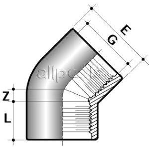 Угол 45° ПВХ d=1/2" внутр.р. PN16 COMER чертеж, схема Allpools