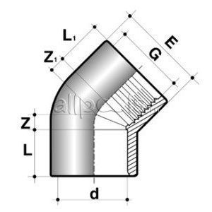 Угол 45° ПВХ d=20-1/2" внутр.р. PN16 COMER чертеж, схема Allpools