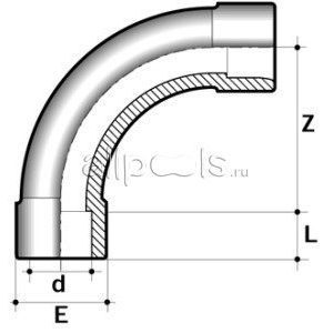 Отвод плавный 90° ПВХ d=20 PN16 COMER чертеж, схема Allpools