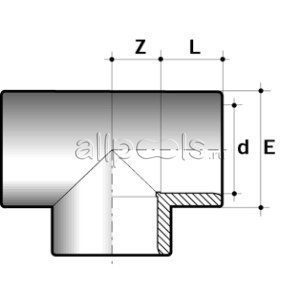 Тройник 90° ПВХ d=63 PN16 COMER (50 шт/кор) чертеж, схема Allpools