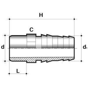 Штуцер клеевой ПВХ d=20 PN16 COMER чертеж, схема Allpools