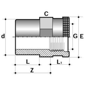 Муфта ПВХ d=20-1/2" внутр.р., с мет. кольцом (тип SF17) PN16 COMER чертеж, схема Allpools
