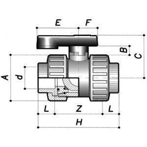 Кран шаровой ПВХ d=50, (тип BVD40, PTFE, EPDM) PN16 COMER (20 шт/кор) чертеж, схема Allpools
