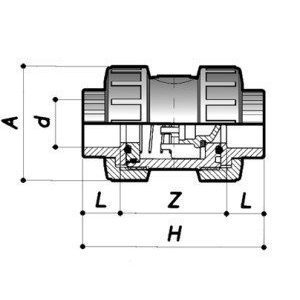 Обратный клапан ПВХ  d=50, пружина, (тип CVD10, EPDM) PN16 COMER (18 шт/кор) чертеж, схема Allpools