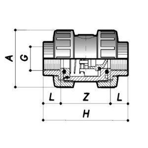 Обратный клапан ПВХ  d=3/8" внутр.р., пружина,(тип CVD11, EPDM) PN16 COMER чертеж, схема Allpools