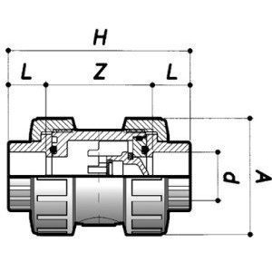 Обратный клапан ПВХ  d=16, без пружины (воздушный), (тип ARV10, EPDM) PN16 COMER чертеж, схема Allpools