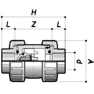 Обратный клапан ПВХ  d=3/8", без пружины (воздушный), (тип FVD10, FPM, PTFE) PN16 COMER чертеж, схема Allpools