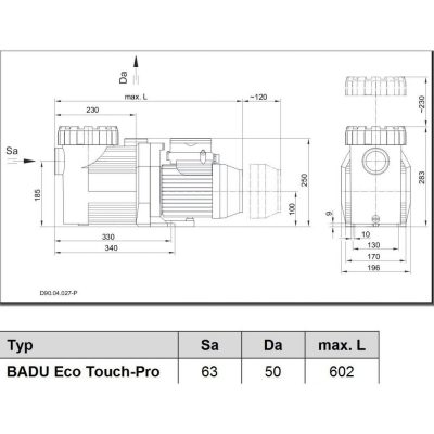 Насос BADU Eco Touch-Pro, 1~ 230 В, 0,08-1,05/0,03-0,75 кВт чертеж, схема Allpools