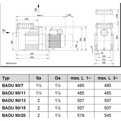 Насос BADU 90/11, 1~ 230 В, 0,69/0,45 кВт чертеж, схема Allpools