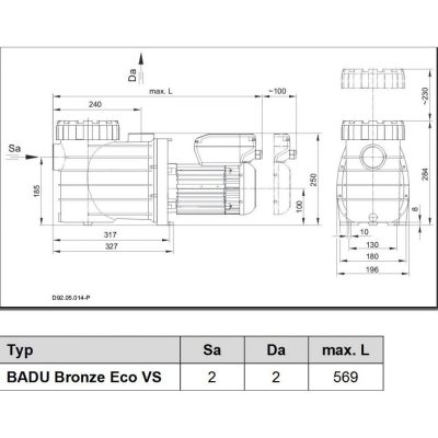 Насос BADU Bronze Eco VS, 1~ 230 В, 0,08-1,40/0,03-1,10 кВт чертеж, схема Allpools