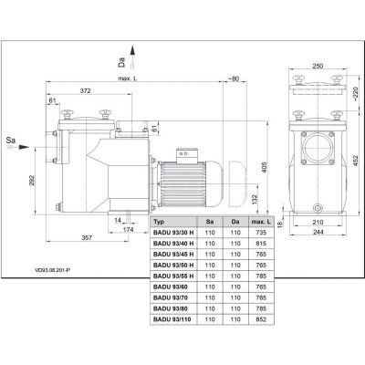 Насос BADU 93/40 H, 3~ Y/∆ 400/230 В, 2,64/2,20 кВт чертеж, схема Allpools