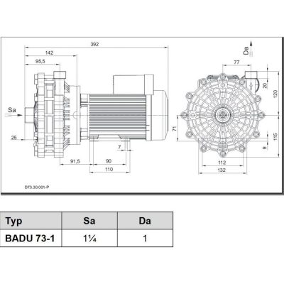 Насос BADU 73-1, 1~ 230 В, 1,20/0,80 кВт чертеж, схема Allpools
