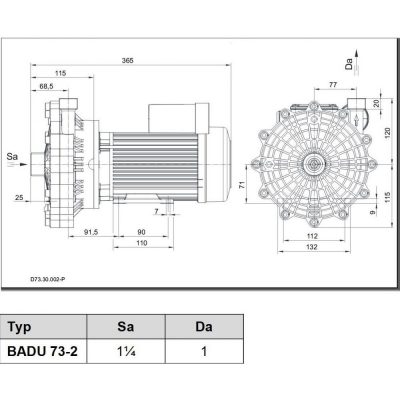Насос BADU 73-2, 1~ 230 В, 1,49/1,10 кВт чертеж, схема Allpools