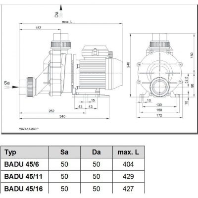 Насос BADU 45/6, 1~ 230 В, 0,69/0,45 кВт чертеж, схема Allpools