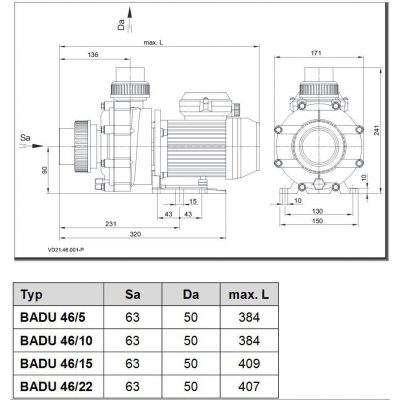 Насос BADU 46/10, 1~ 230 В, 0,69/0,45 кВт чертеж, схема Allpools