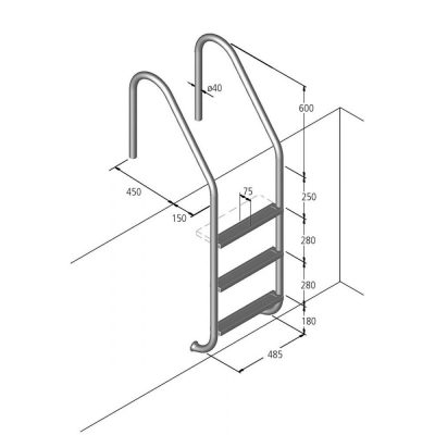 Лестница MARINA 05, 3-ступени, (без монтажного комплекта), AISI 316 чертеж, схема Allpools