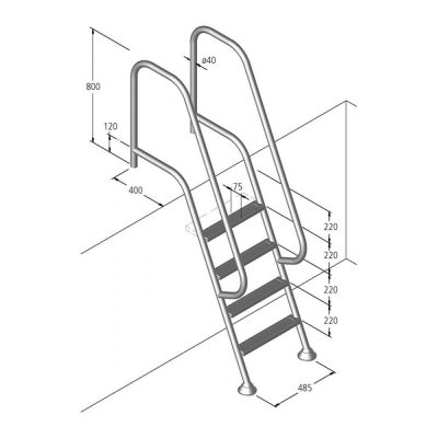 Лестница FLORIDA 10, 4-ступени, (без монтажного комплекта), AISI 316 чертеж, схема Allpools